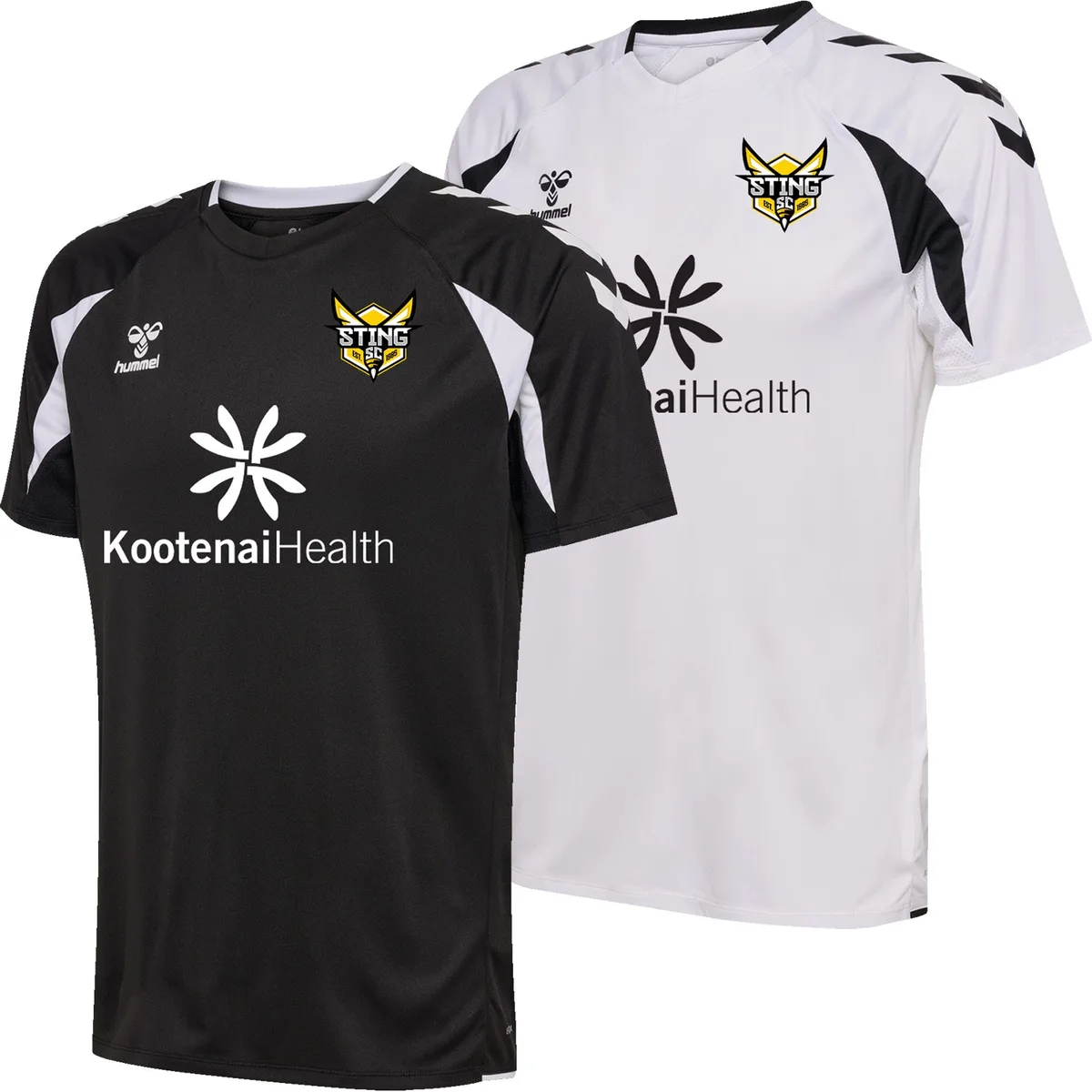 Sting SC 2026 Core2.0 game jerseys in black and white, with the Sting crest and Kootenai Health sponsor